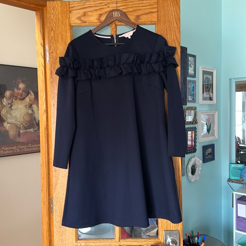 Ted Baker Zufara Ruffle Bodice Tunic Dres TB 4 US 10 Navy long sleeve